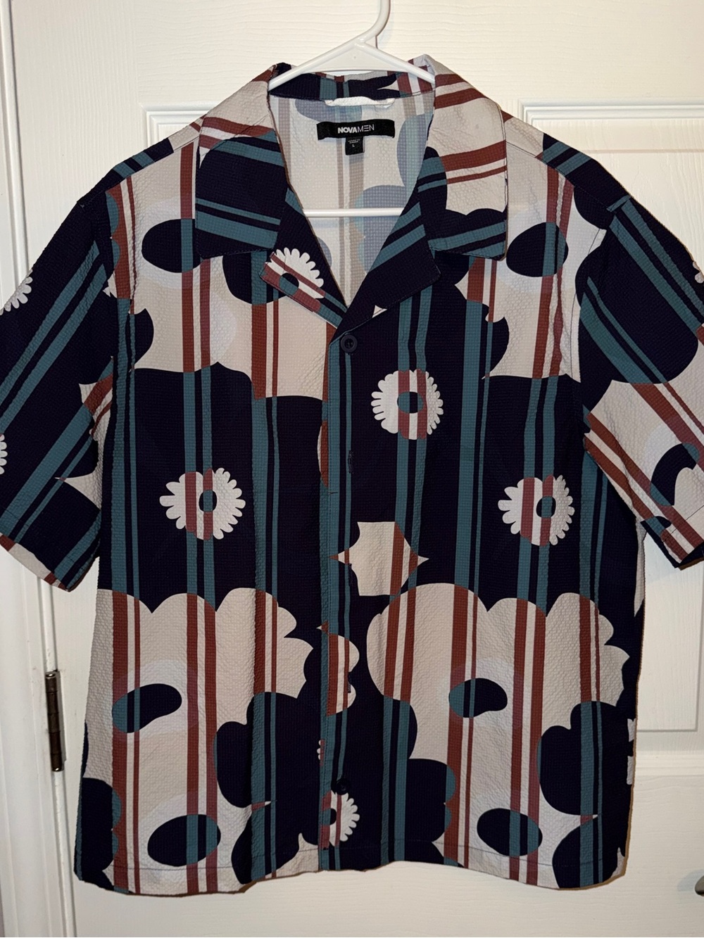 Fashion Nova Navy, Cream, Brown & Teal Floral Stripe Camp Shirt